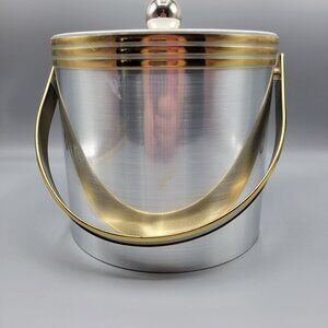 Vintage Mid Century Modern MCM Silver Gold Ice Bucket Clear Lid & Metal Handle